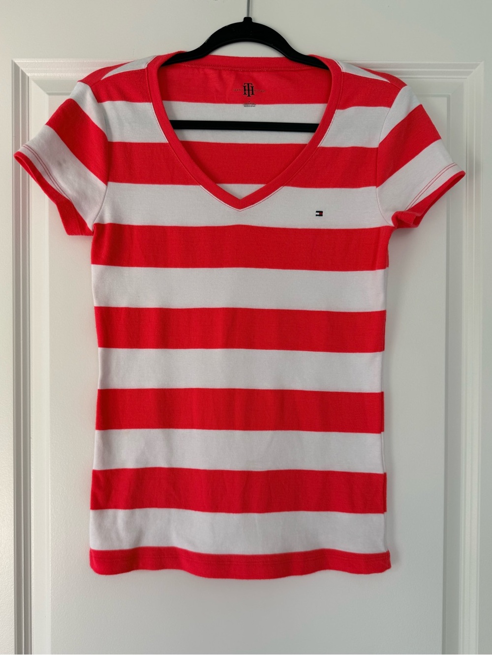 Tommy Hilfiger Red & White Striped V-Neck Tee